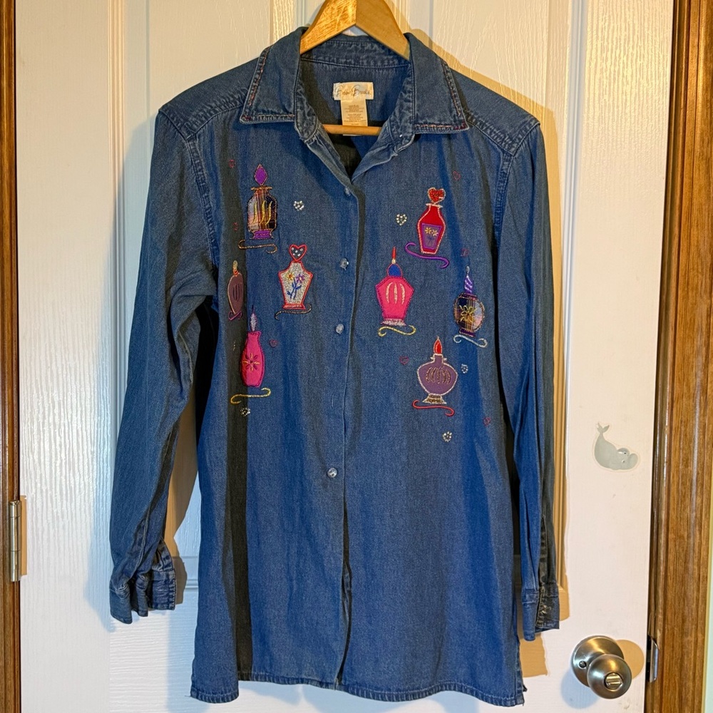 Bobby Brooks Denim Button Up with Embroidered Perfume Bottles Small